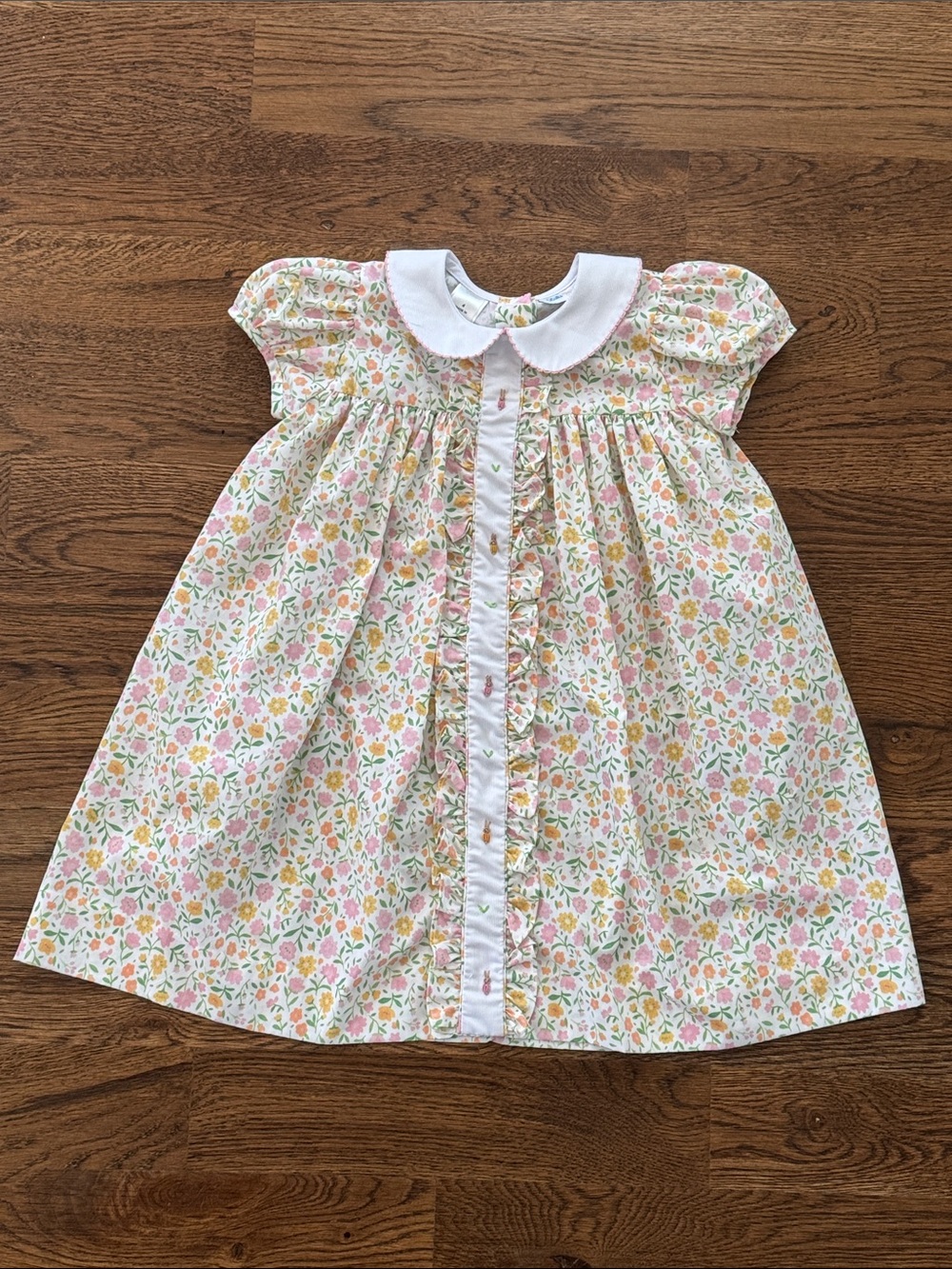 Lulu Bebe Floral Ruffle Dress With Embroidered Bunnies And Flowers